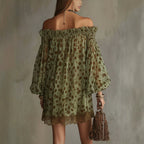 Womens Off-shoulder Printed Chiffon Dress With Puff Sleeves