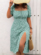 Elegant Plus Size Floral Midi Dress with Tie Waist and Side Slit - Off-Shoulder, Short Sleeve, A-Line Silhouette for Summer, Plus Size