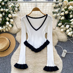 Contrast-color Ruffled Striped Knit Sweater