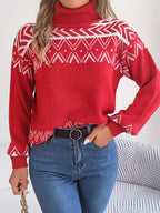 Women Ethnic Style Vintage Jacquard Lantern Sleeve Turtleneck Sweater