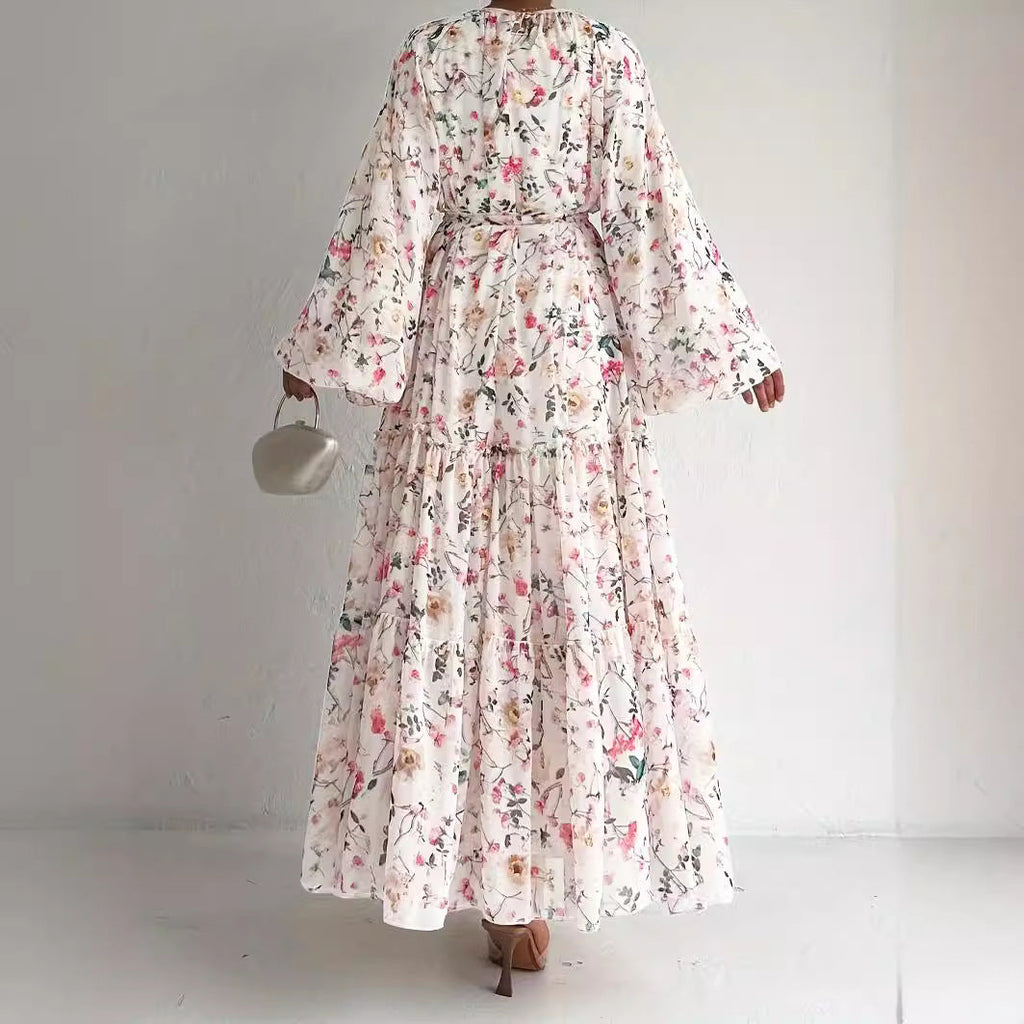 Chiffon Floral Dress With Belt Long Length Stylish And Elegant