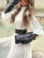 White Long-sleeved Ruffled Tie Dress
