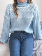 Women Ethnic Style Vintage Jacquard Lantern Sleeve Turtleneck Sweater