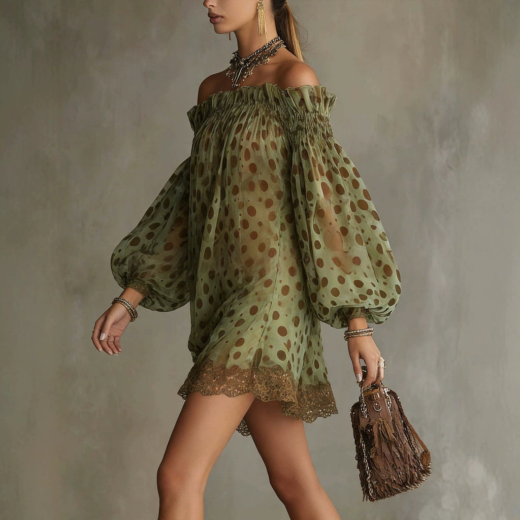 Womens Off-shoulder Printed Chiffon Dress With Puff Sleeves
