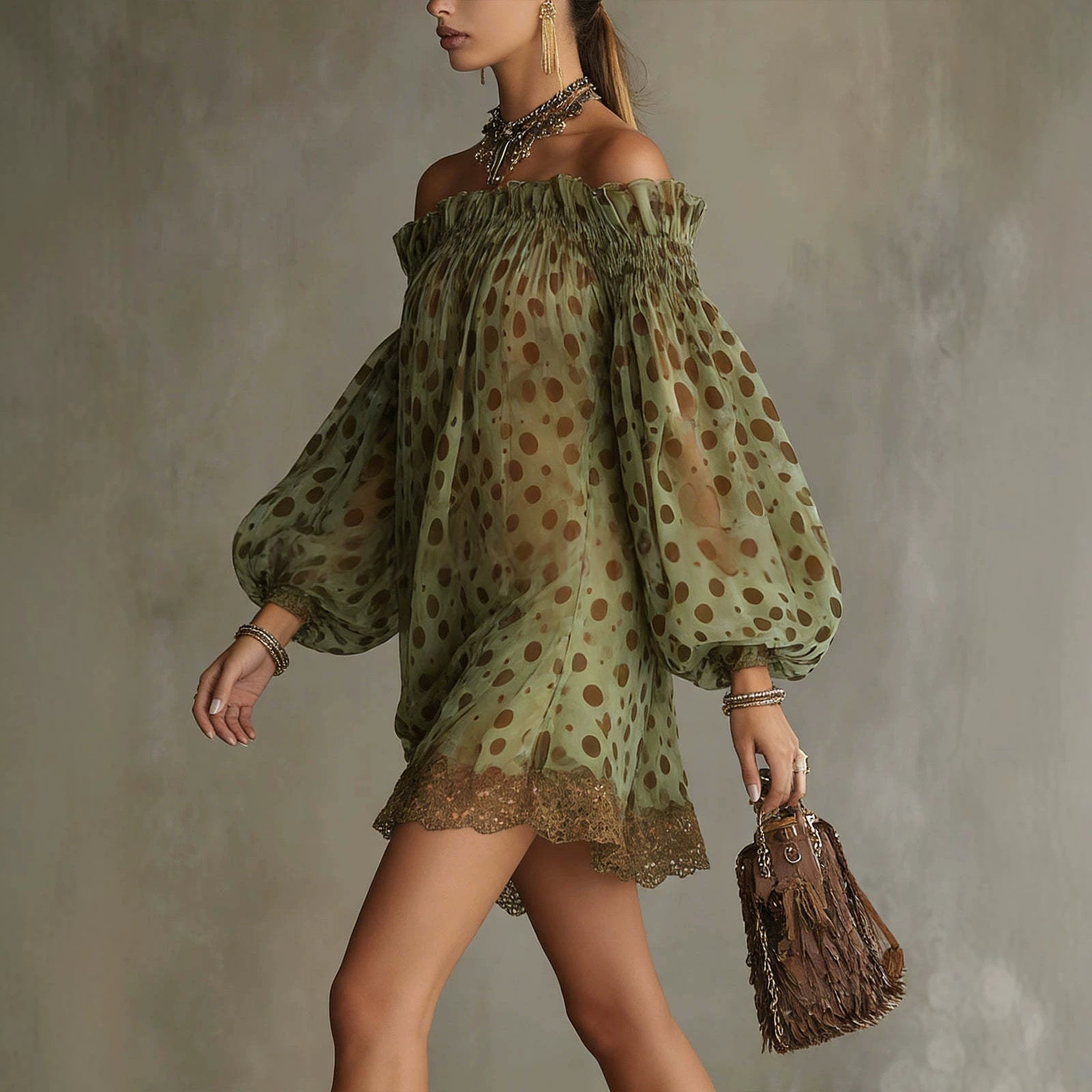 Womens Off-shoulder Printed Chiffon Dress With Puff Sleeves