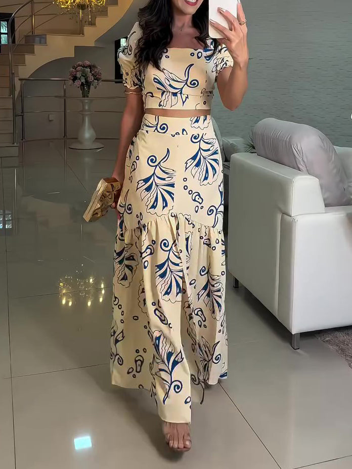 Holiday Print Short Sleeve Top & Elastic Waist Skirt Set
