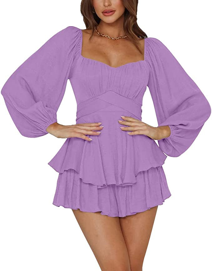 Ruffled Jumpsuit Women's Summer Lantern Long Sleeve Casual Culotte