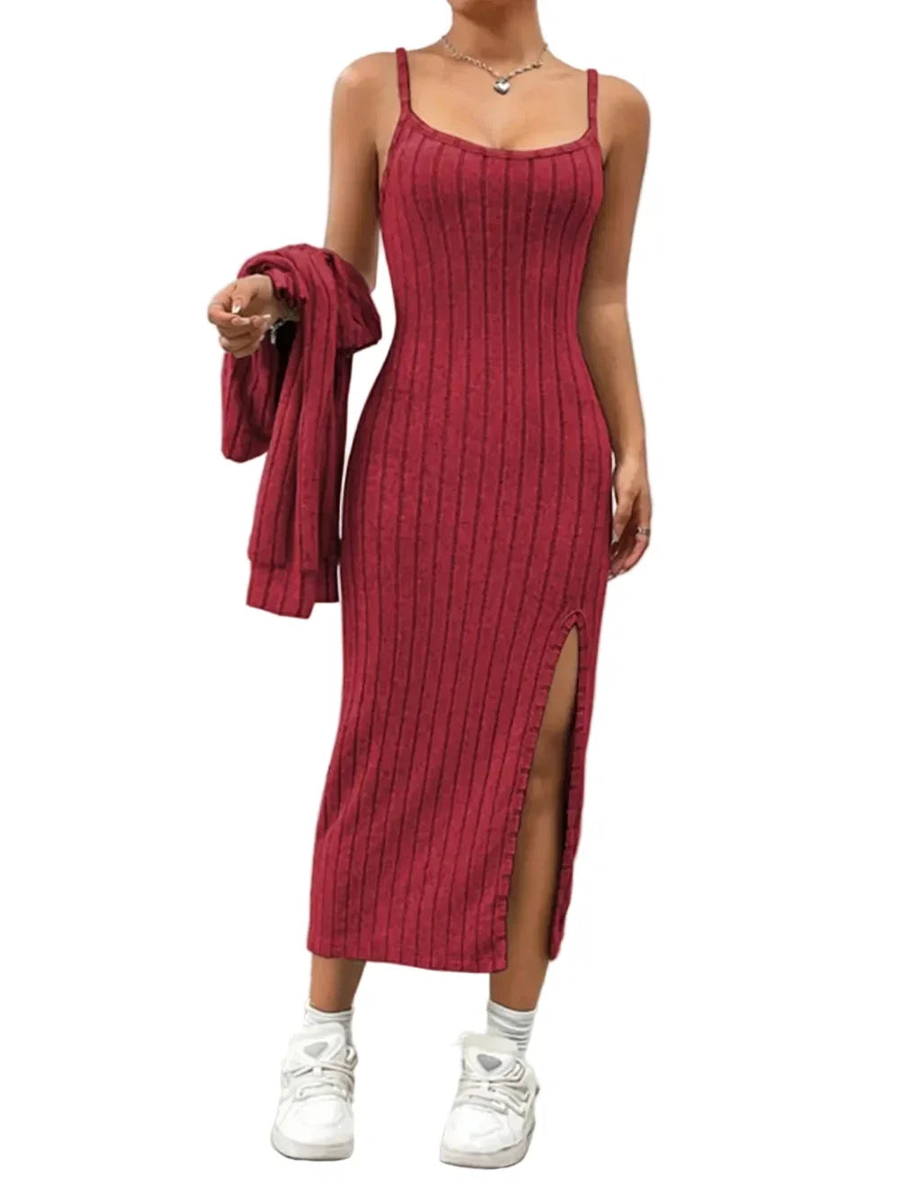 Ribbed Long Sleeve Cropped Cardigan and Slit Cami Dress Set