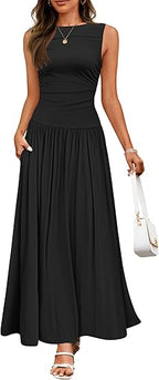 Women's Summer Sleeveless Maxi Dress Casual Round Neck Pleated Elegant Maxi Dress With Pockets