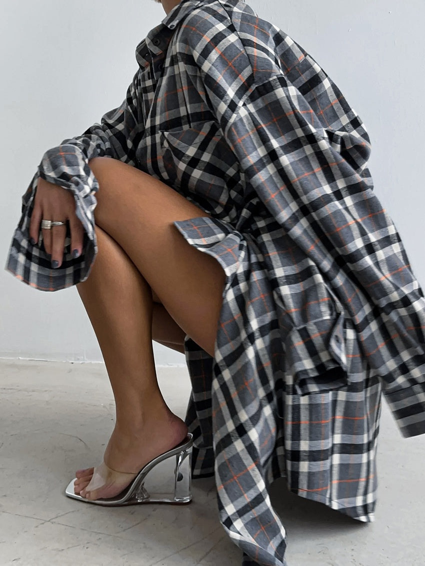 European And American-style Plaid Lapel Elegant Women's Blouse