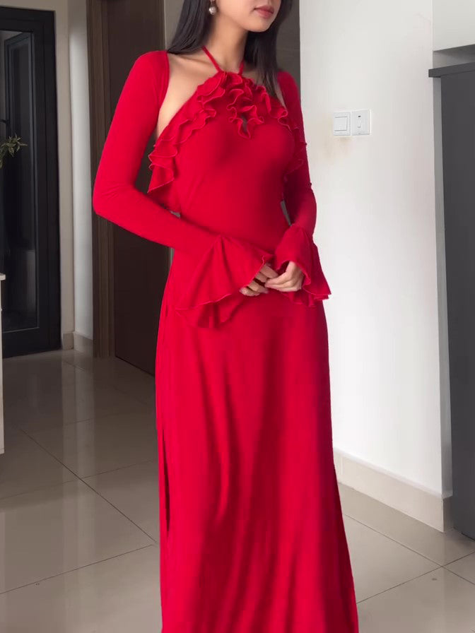 Three-piece Red Ruffled Halterneck Pants Suit