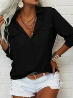 Women's Elegant Solid Chiffon Blouse Spring Summer Casual Long Sleeve V Neck Loose Shirt Office Lady Tunics Tops
