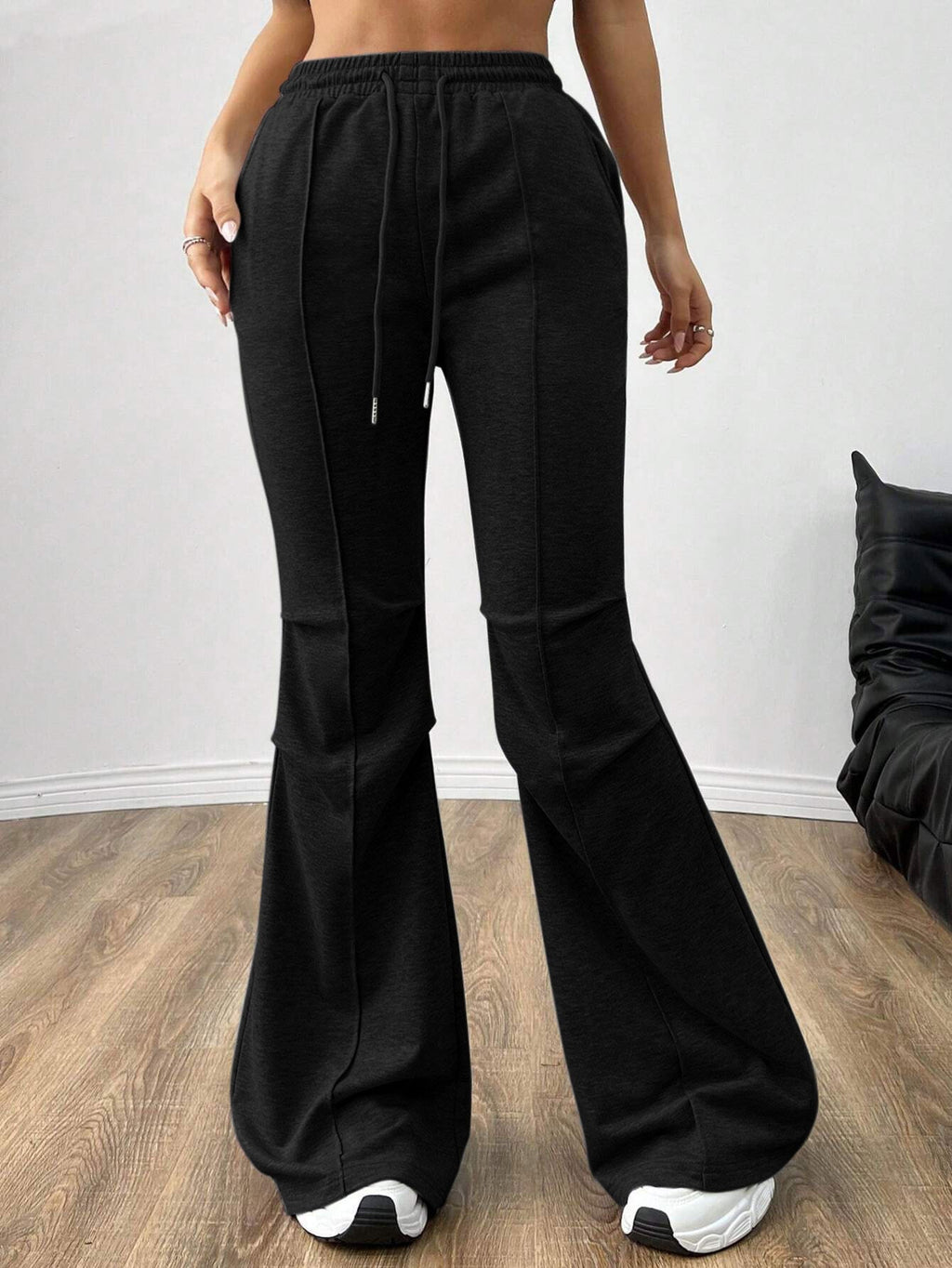 Simple Casual Pants Drawstring Elastic Waist Wide Leg Trousers