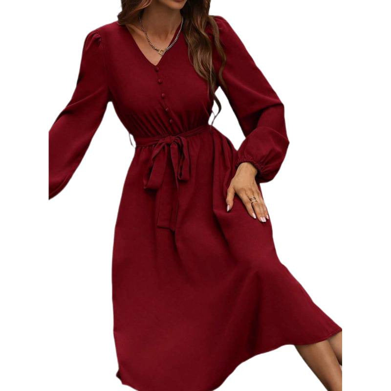 Solid-color Collar Long-sleeve Dress