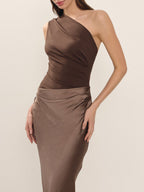 Brown One Shoulder Paneled Satin Dress