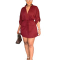 Casual Solid Drawstring Waist V Neck Rollable Sleeve Dress, Women's Clothing