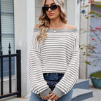 New Stylish Boat-neckline Knit Sweater Striped Contrast-color Sweater