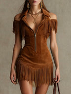 Retro Suede Tassel Off-Shoulder Dress