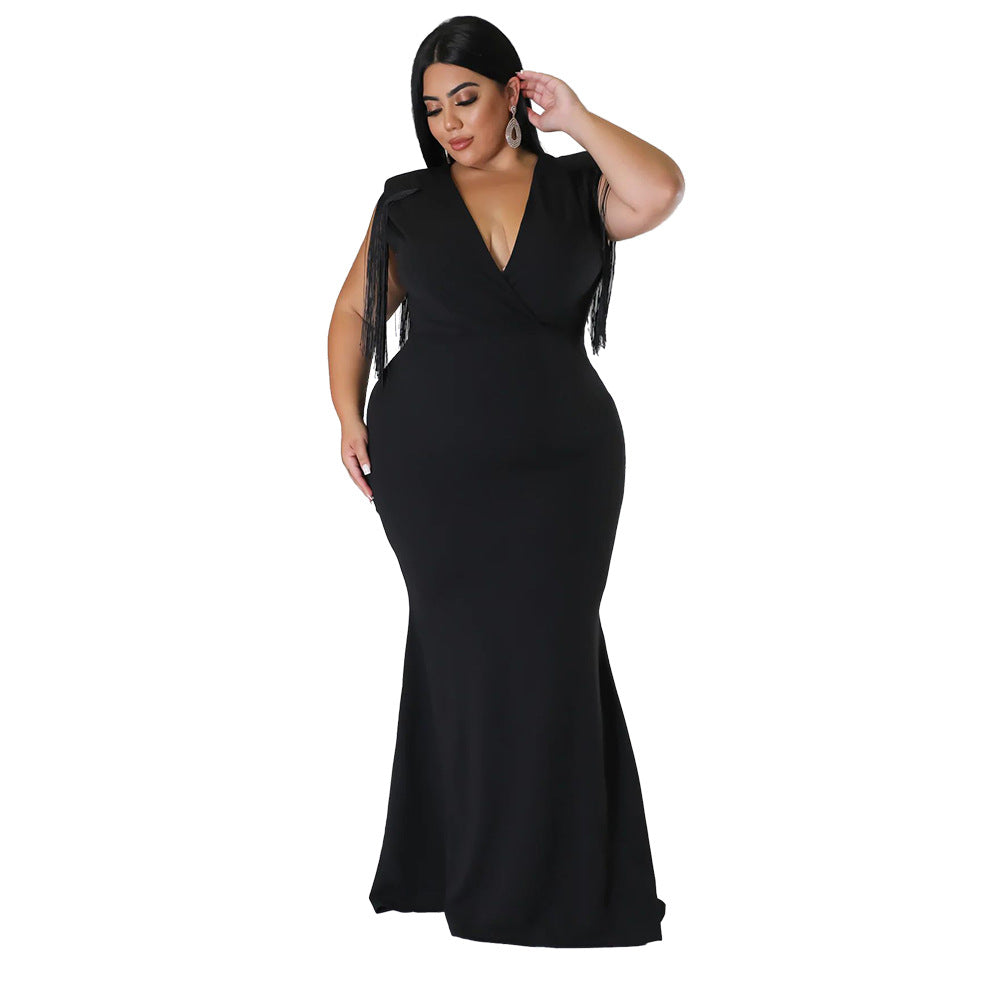 Women's Plus-Size Tassel V-Neck Long-Sleeve Slim-Fit Dress