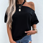 Women's Solid-color Patchwork Off-shoulder Crew-neck Top