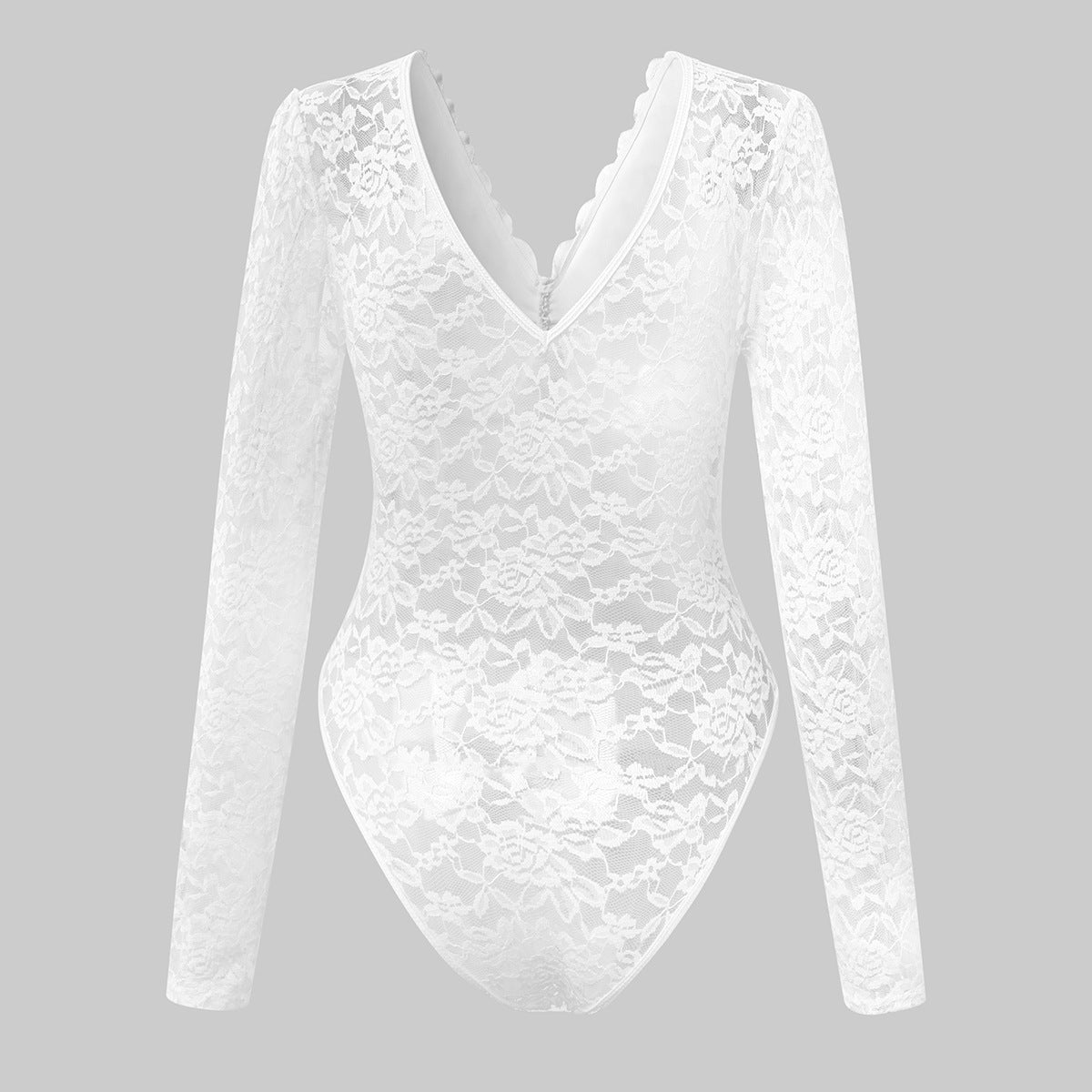 Sexy Solid-Color Lace Long-Sleeve Sheer Bodycon Jumpsuit
