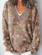 Floral Pattern Printed V-neck Long Sleeve Casual Sweatshirt