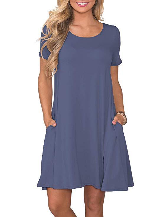 New Women's Round-neck Solid-color Casual Short-sleeve Swing Dress With Pockets
