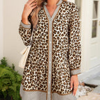 Women's Casual Loose V-neck Leopard-print Long-sleeve Dress