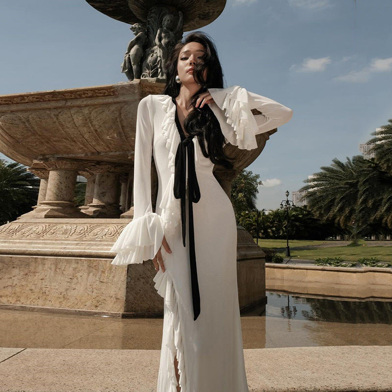 Elegant High-waist V-neck Long-sleeve Split Dress