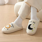Cosy Moon & Clock Print Slippers - Plush Memory Foam House Shoes for Women | Anti-Slip Winter Warmth