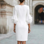 Womens Solid-Colored Ruffle-Trim Flared-Sleeve Slim-Fit Dress