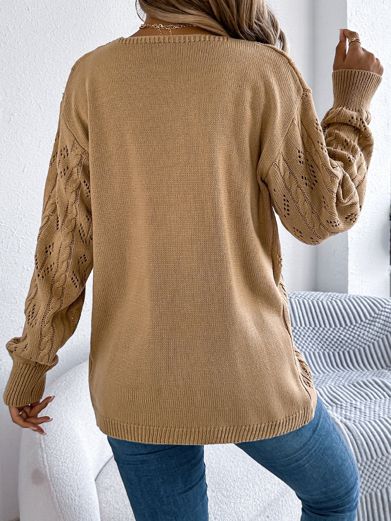 Women Casual Solid Color Hollow Out Long Sleeve Cardigan Sweater Coat