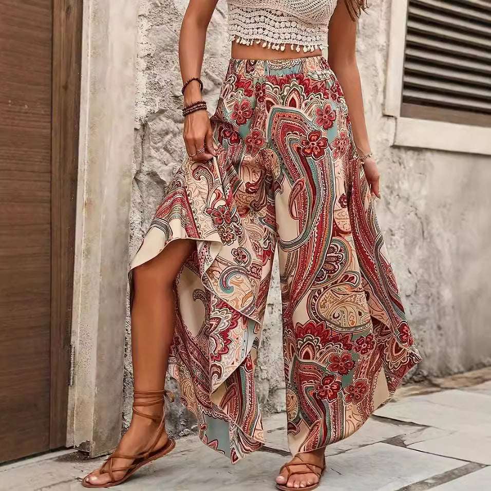 Vintage-style Artistic Collage Polyester Skirt-trousers Casual Pants Wide-leg Pants
