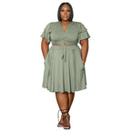 Women's New Arrival Ruffled Sleeve Lace-up Short Skirt With Pockets V-neck Plus-size Skirt Set