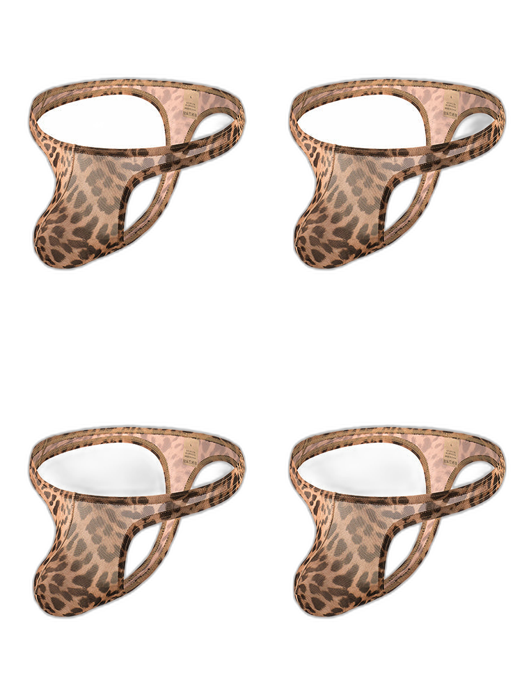 4 Pack Leopard Print See-through Mesh Thongs