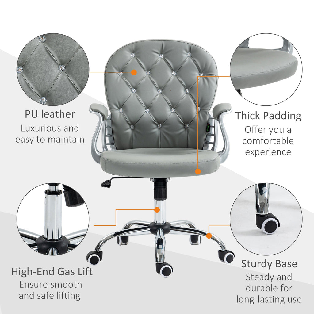 Vinsetto Office Chair Ergonomic 360\'c2\'b0 Swivel PU Diamante Padded Base 5 Castor Wheels for Home Work Grey