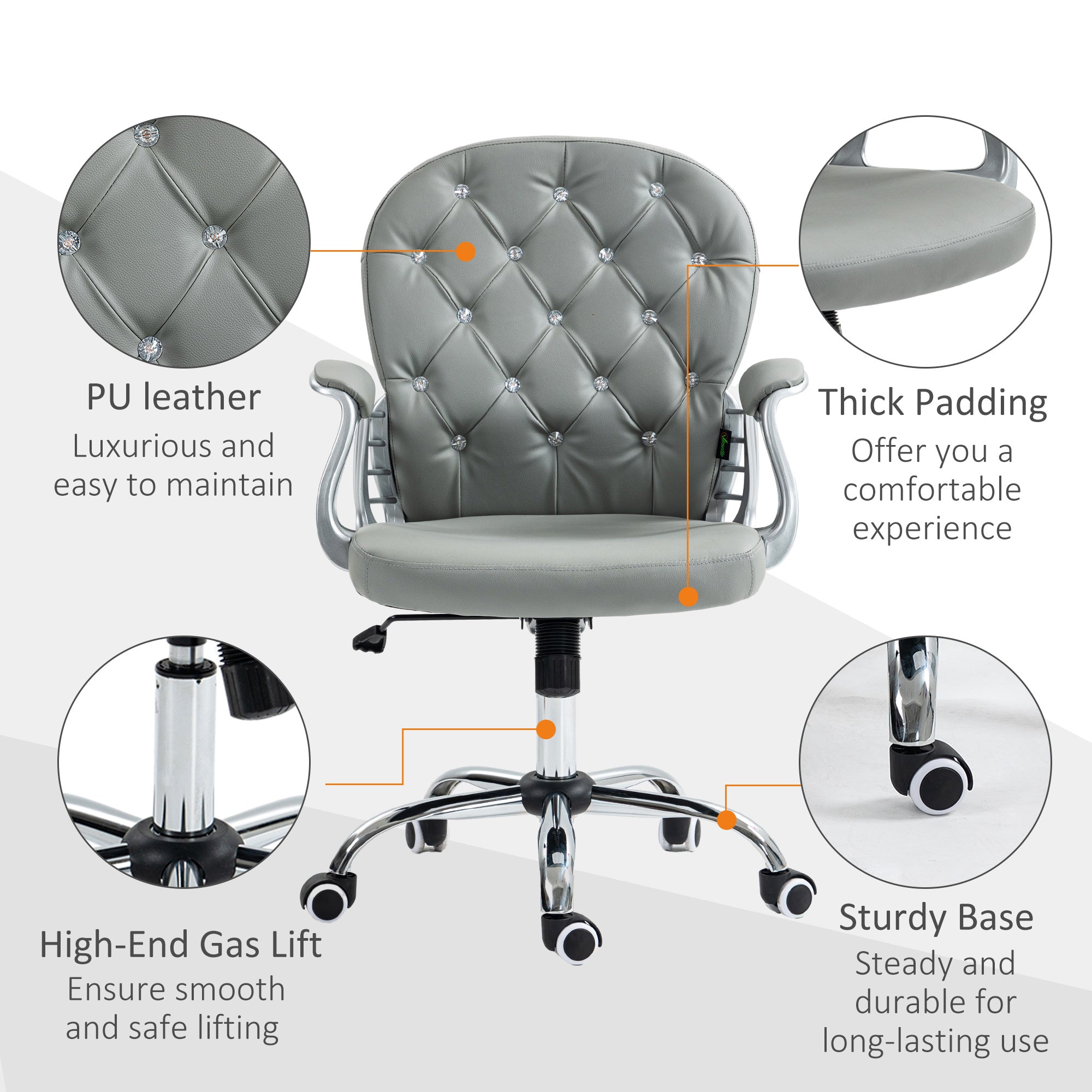 Vinsetto Office Chair Ergonomic 360\'c2\'b0 Swivel PU Diamante Padded Base 5 Castor Wheels for Home Work Grey
