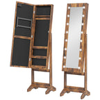 HOMCOM Free Standing Mirror Jewelry Cabinet with LED Lights, Jewellery Organiser with 3 Angle Adjustable, Full-Length Mirror with Storage for Earrings, Necklaces, Rings and Lipsticks, Rustic Brown
