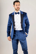 AK-27 - Men's Blue 3 Piece Velvet Wedding Tuxedo Suit