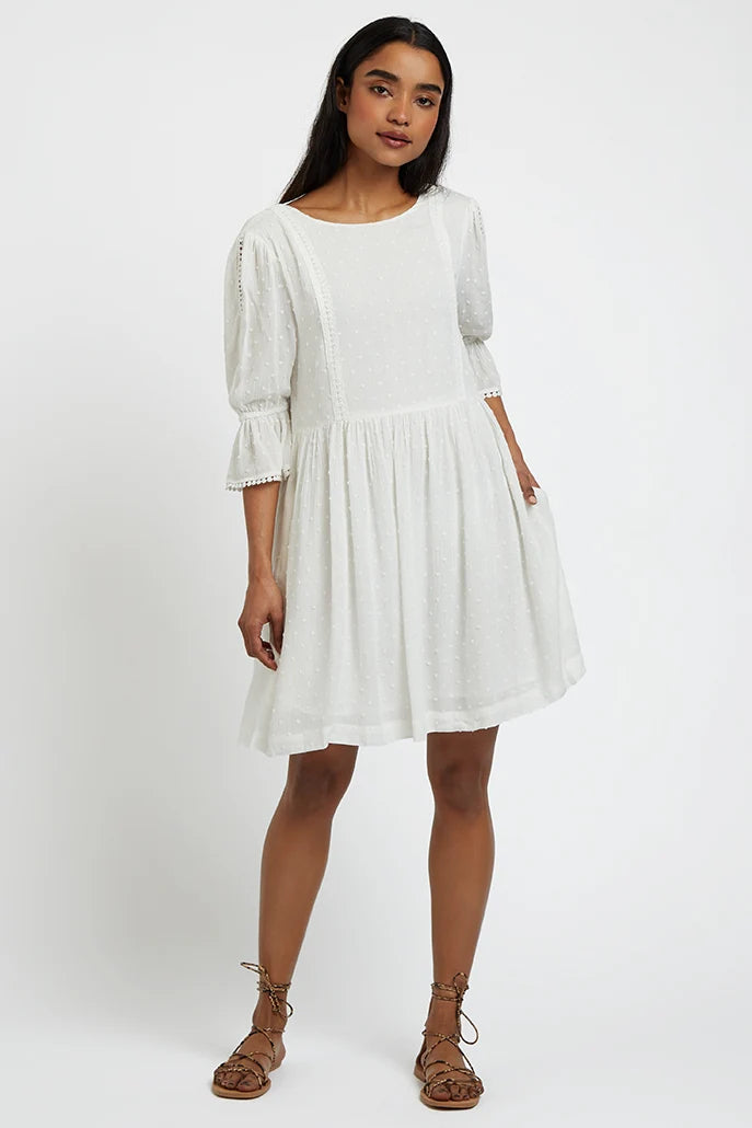 Amarine Self Dot White Square Back 3/4 Sleeve Mini Dress