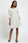 Amarine Self Dot White Square Back 3/4 Sleeve Mini Dress