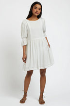 Amarine Self Dot White Square Back 3/4 Sleeve Mini Dress
