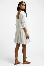 Amarine Self Dot White Square Back 3/4 Sleeve Mini Dress