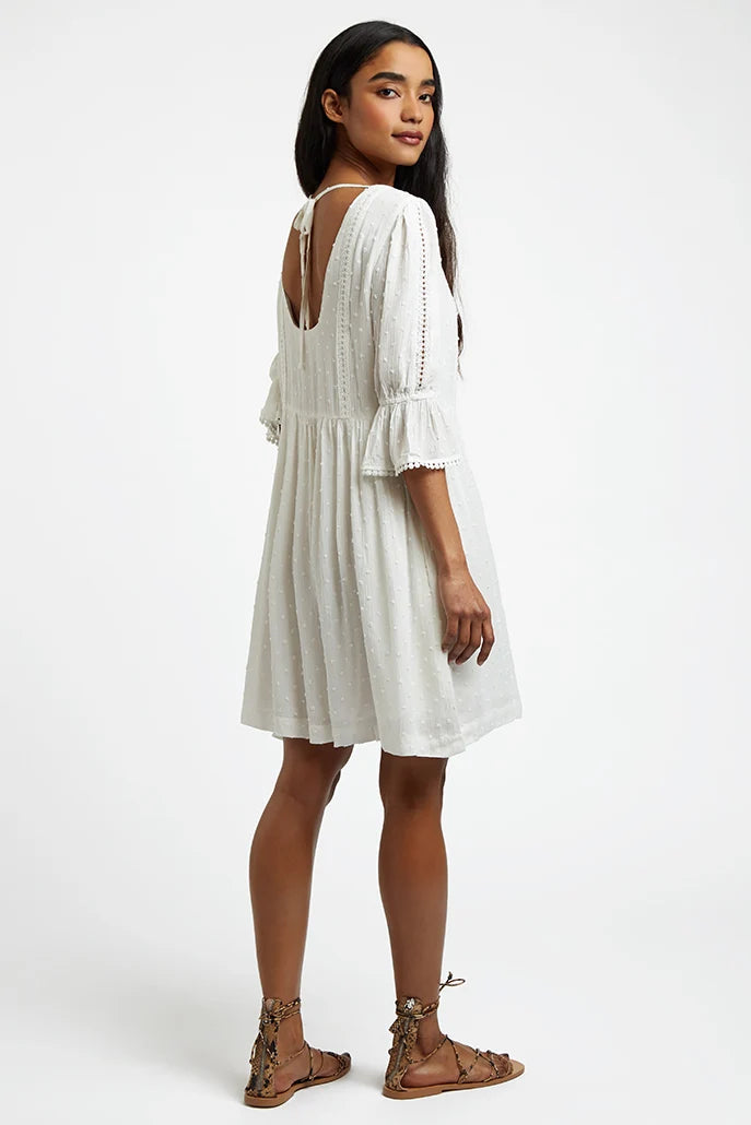 Amarine Self Dot White Square Back 3/4 Sleeve Mini Dress