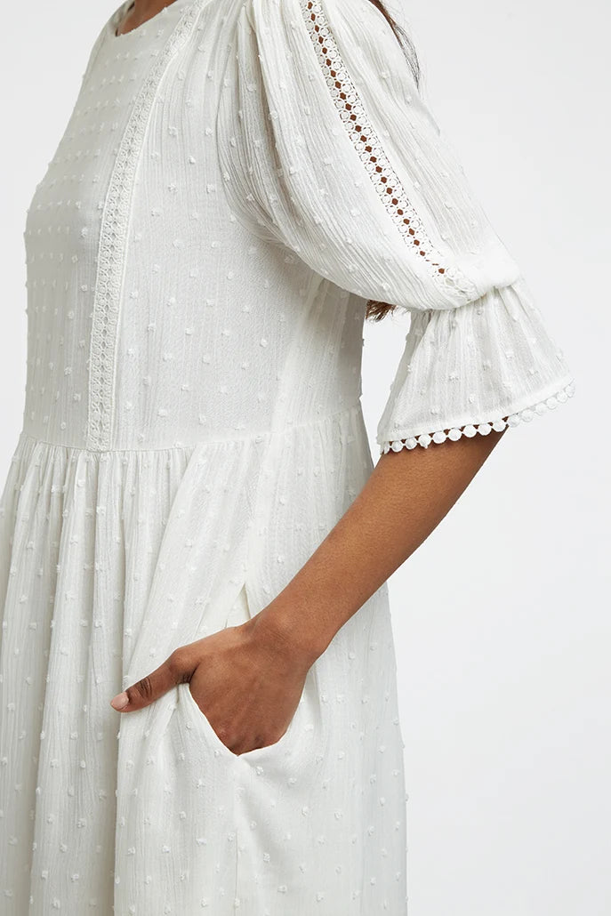 Amarine Self Dot White Square Back 3/4 Sleeve Mini Dress