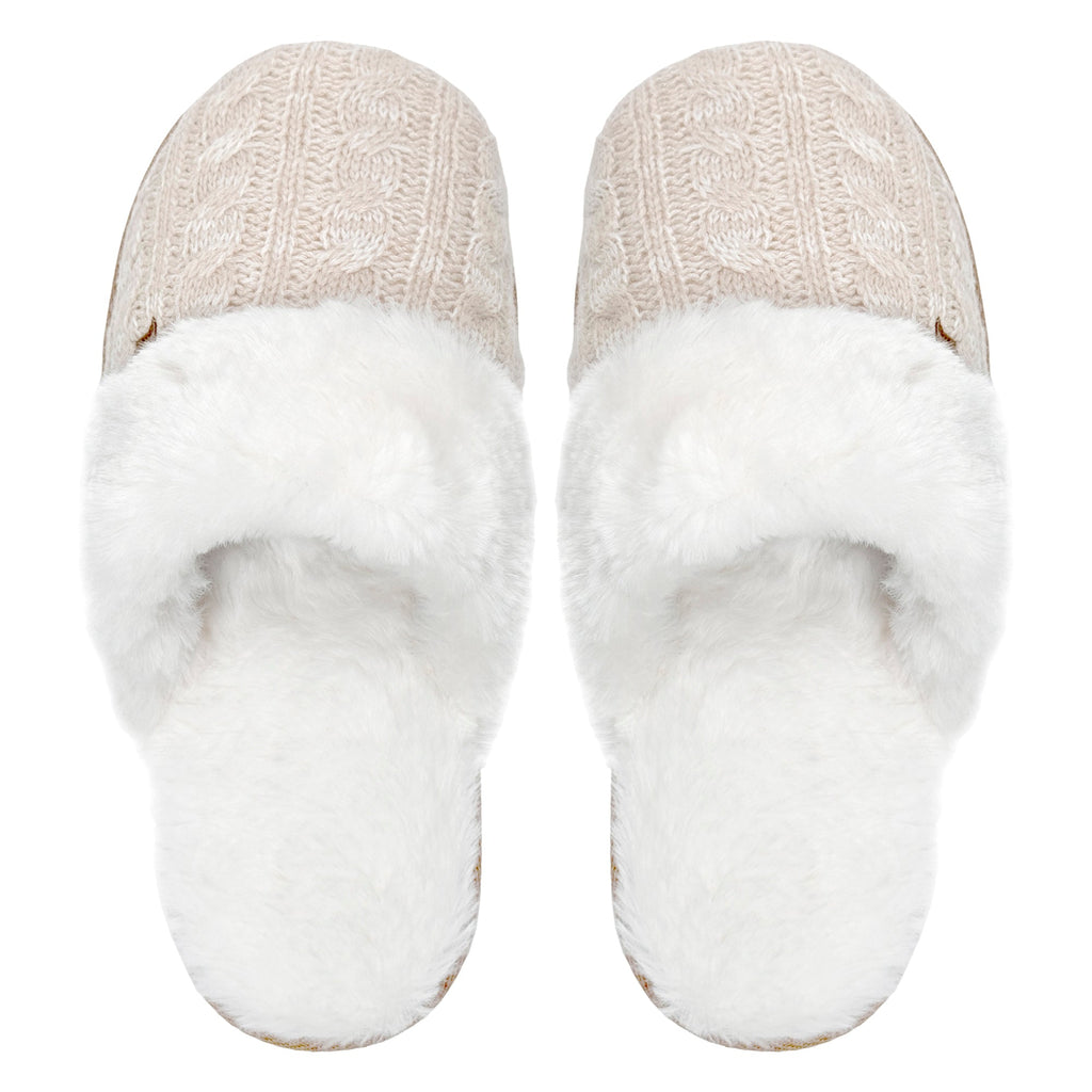 Ladies Cable Knit Faux Fur Thermal Winter Slippers