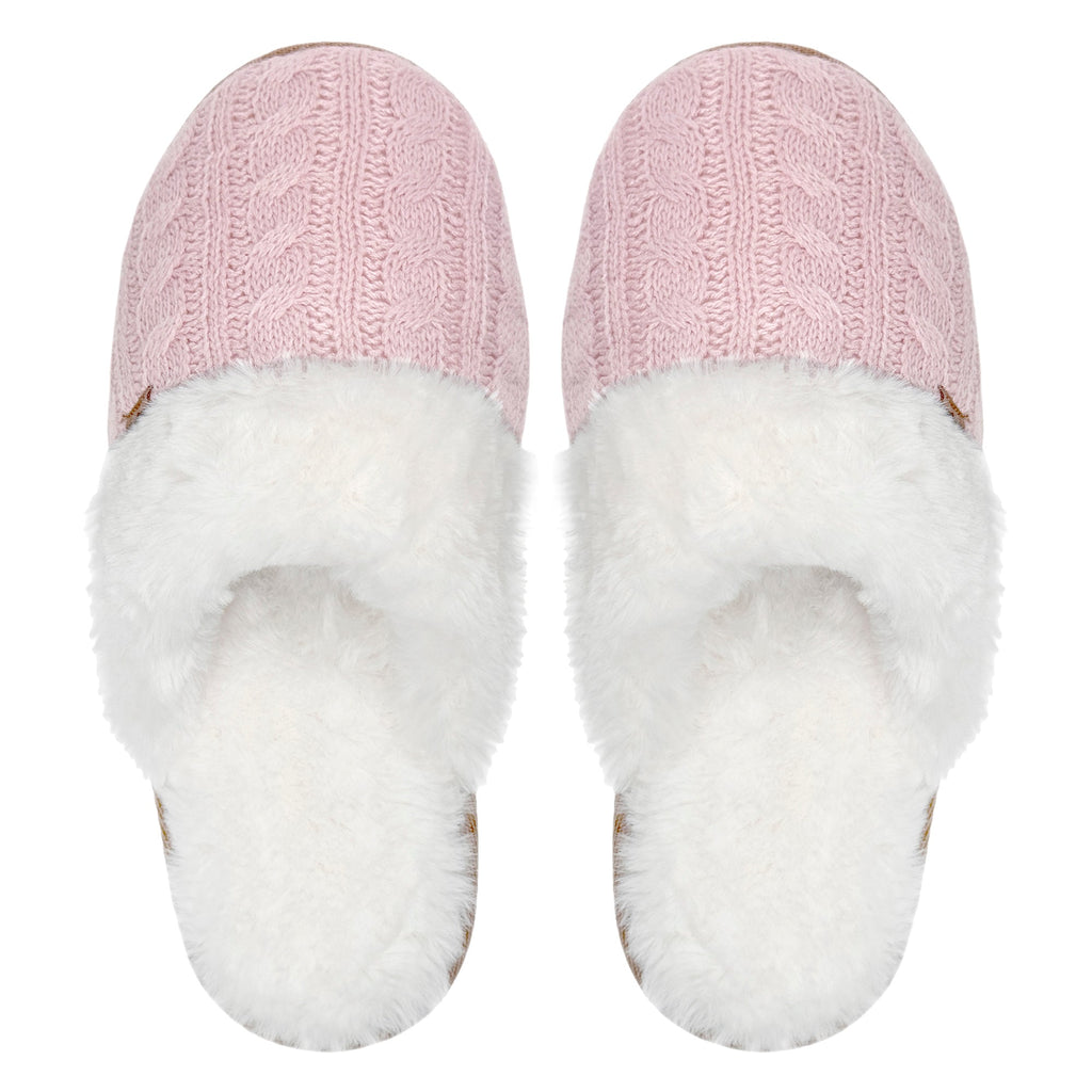 Ladies Cable Knit Faux Fur Thermal Winter Slippers
