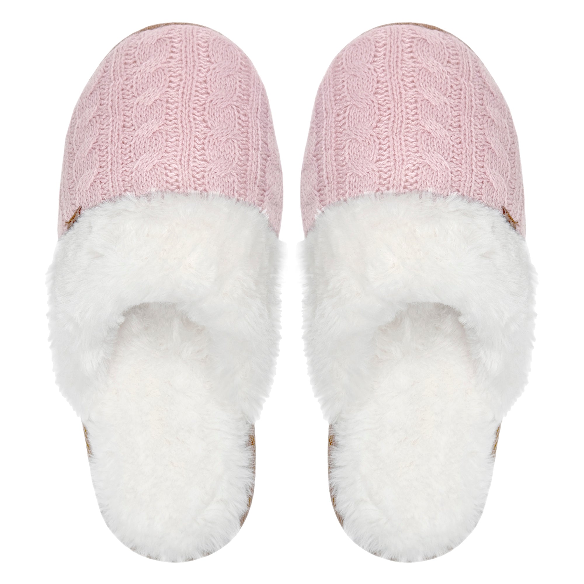 Ladies Cable Knit Faux Fur Thermal Winter Slippers