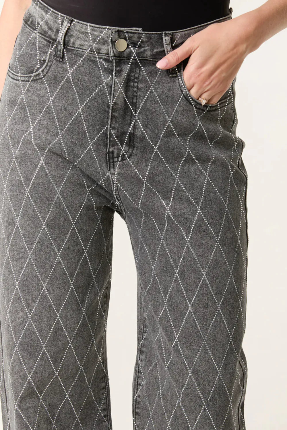 Black Wash Diamond Embellished Straight Leg Jeans