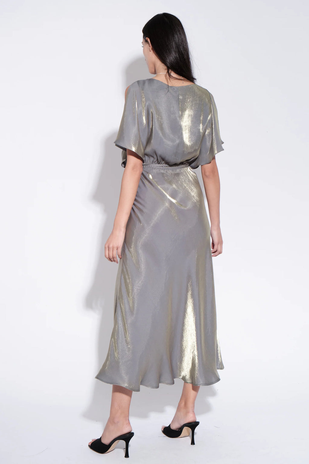 Basford Iridescent Cape Sleeve Midi Dress in Green